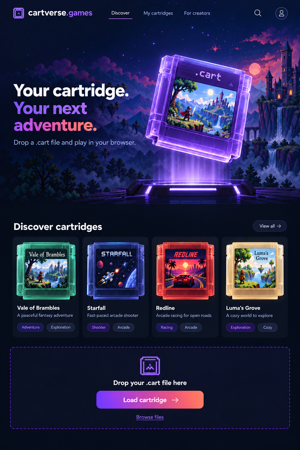 Cartverse. Your cartridge. Your next adventure. Drop a .cart file and play in your browser. A glowing purple .cart cartridge floats above a pedestal in front of a pixel-art castle, with a row of example game cartridges below.